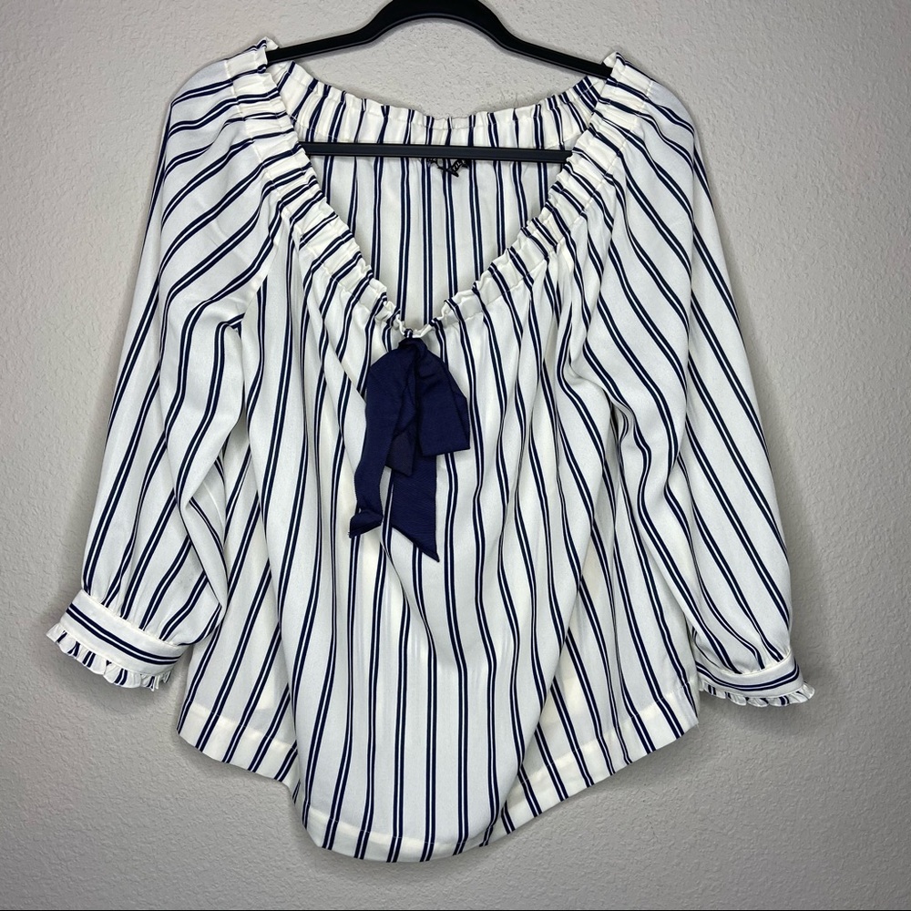 J. CREW Off Shoulder Pinstripe Cream Navy Top M